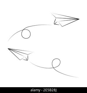 Vektordarstellung von Hand gezeichneten Paar Papierebenen. Isoliert. Gliederung. Handgezeichnetes Doodle-Flugzeug. Symbol für die schwarze lineare Papierebene Stock Vektor