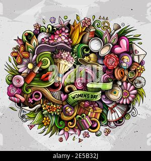 Happy Womens Day handgezeichnete Cartoon Kritzeleien Illustration Stock Vektor