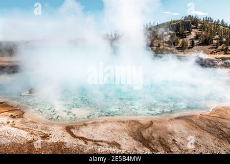 Dampf steigt aus dem türkisfarbenen Pool, Yellowstone-Nationalpark Stockfoto