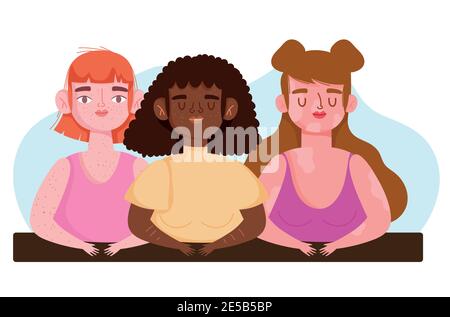 Perfekt unvollkommen diverse Gruppe junge Frauen Zeichen Vektor Illustration Stock Vektor