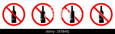 Alkohol ist verboten. Glasflasche mit Ban-Symbol. Stop oder Ban roten runden Schild mit Alkohol-Symbol. Vektorgrafik. Stock Vektor