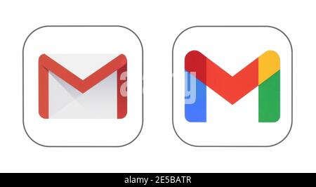 Kiew, Ukraine - 12. Januar 2021: Google Mail Service - Gmail alte und neue Symbole auf weißem Papier gedruckt. Gmail ist ein kostenloser E-Mail-Dienst von Goo entwickelt Stockfoto