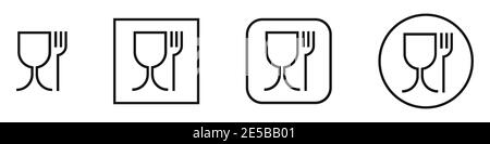 Lebensmitteltaugliches Plastik. Satz linearer Vektorzeichen. Lebensmittelsicheres Material. Symbol für Weinglas und Gabel Stock Vektor