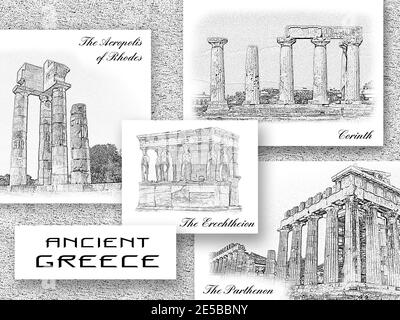 Antike Wahrzeichen Griechenlands. Der Parthenon und das Erechtheion in Athen, die Akropolis von Rhodos, der Apollo-Tempel in Korinth. Weltberühmte Sehenswürdigkeiten Stockfoto