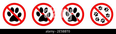 Tierische Fußabdruck ist verboten. Stop oder Verbot roten runden Schild mit Tier Fußabdruck-Symbol. Vektorgrafik. Verbotene Schilder gesetzt. Stock Vektor