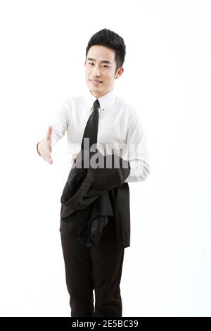 Business Mann nach vorne streckte seine rechte Hand hohe Qualität Foto Stockfoto