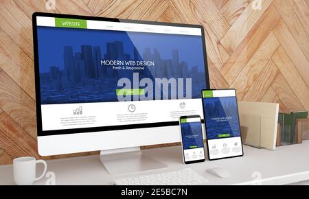 Reaktionsschnelle Geräte auf einem Desktop, die 3D-Rendering im Webseitendesign zeigen Stockfoto