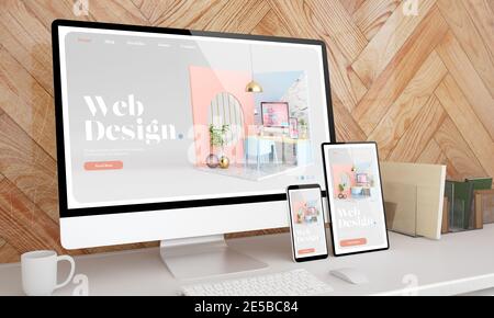 Reaktionsschnelle Geräte auf einem Desktop, die 3D-Rendering im Webseitendesign zeigen Stockfoto