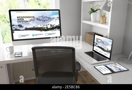 Reaktionsschnelle Geräte auf Desktop 3d-Rendering zeigt Website zu Hause Stockfoto