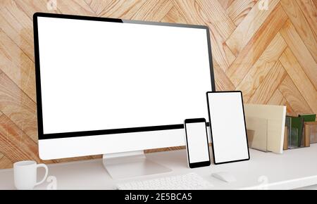 Reaktionsschnelle Geräte auf einem Desktop stellen 3D-Rendering vor Stockfoto