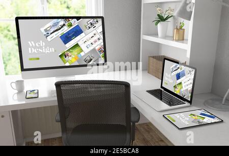 Responsive Geräte auf dem Desktop 3d-Rendering-Modell Stockfoto