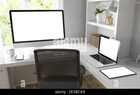 Responsive Geräte auf dem Desktop 3d-Rendering-Modell Stockfoto