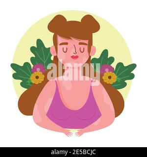 Perfekt unperfekte Frau mit Vitiligo und Blumen Cartoon Charakter Vektor Abbildung Stock Vektor