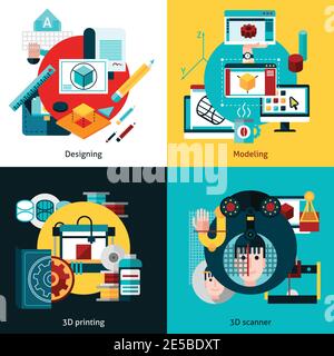 3d-Technologie 2x2 flaches Konzept Set der Gestaltung Modellierung 3d Drucken und 3d-Scannen Vektordarstellung Stock Vektor