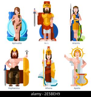 Flache Farbe olympischen Götter Symbole in Cartoon-Stil mit gesetzt aphrodite ares artemis hephaestus athena apollo Figurinen isolierte Vektor-Illustration Stock Vektor