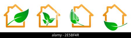 Symbole für das Öko-Haus. Haus mit Blattsymbol. Vektorgrafik. Hauspflegekonzept. Eco House-Logo Stock Vektor