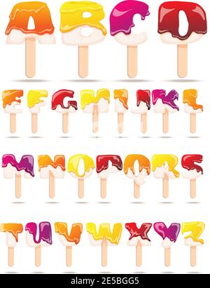 Schmelzen Eis Buchstaben des lateinischen Alphabets flache Symbole ordentlich Organisierte Sammlung Print Banner abstrakte Vektor Illustration Stock Vektor