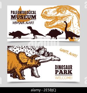 Paläontologie Museum Dinosaurier Animation Ausstellung für Jurrasic Park Besucher mit Kinderbanner setzen abstrakte isolierte Vektor-Illustration Stock Vektor