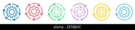 Workflow-Symbol für lineare Abläufe. Satz von abstrakten linearen Zahnrädern mit Pfeilen. Vektorgrafik. Konzeptionelles Symbol Stock Vektor