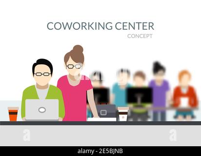 Coworking Center Komposition mit jungen Menschen Silhouetten arbeiten flache Vektor Abbildung Stock Vektor