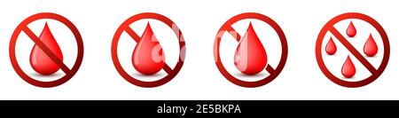 Symbol „kein Blutstropfen“. Blutspende ist verboten. Rotes Rundschild mit Blutstropfen-Symbol stoppen oder sperren. Vektorgrafik. Verbotene Schilder gesetzt. Stock Vektor