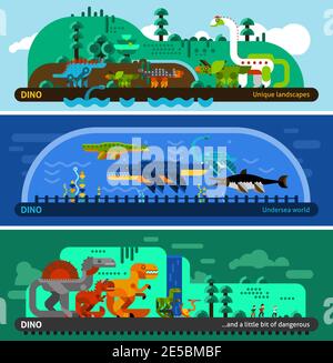 Dinosaurier horizontale Banner mit prähistorischen Raubtiere flache Elemente isoliert vektorgrafik Stock Vektor