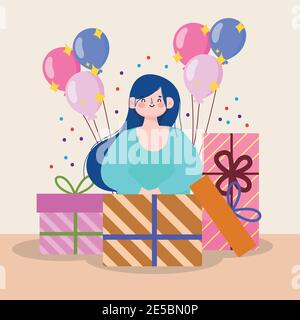 Mädchen kommen aus Geschenkbox mit Geschenken Ballons Feier Cartoon vektorgrafik Stock Vektor