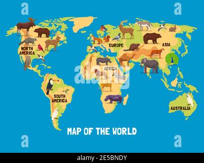 Flache Weltkarte mit Tieren, die in verschiedenen Teilen leben Von Kontinenten Vektordarstellung Stock Vektor