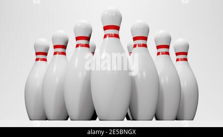 3d Render Bowling Kegeln isoliert auf weißem Hintergrund.Digitale Bilddarstellung. Stockfoto