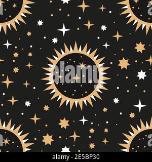 Sonne und Stern Astronomie Planet Raum nahtlose Muster. Vektorgalaxie Hintergrund. Astrologie Nacht Raum Grafik Stock Vektor