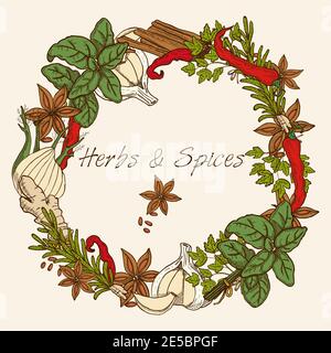 Kräuter dekorativen runden Rahmen mit Anis Sterne Knoblauchzehen Zimt-Sticks Ingwerwurzel und Gewürze Blätter Vektor-Illustration Stock Vektor