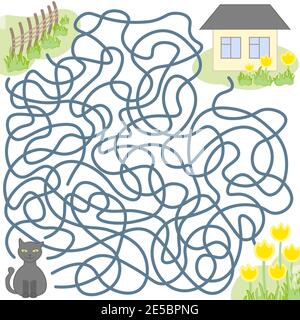 Cartoon Illustration von Bildung Labyrinth oder Labyrinth-Spiel für Vorschule Kinder mit lustigen Katze Tier und Haus Stock Vektor