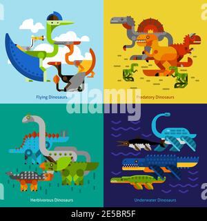 Dinosaurier Design-Konzept mit fliegenden Unterwasser räuberischen prähistorischen Tieren gesetzt Flache Symbole isolierte Vektordarstellung Stock Vektor
