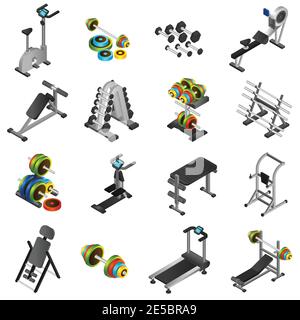 Realistische 3d-Symbole Satz von verschiedenen Fitnessgeräten und Training Abbildung isolierter Vektorgrafiken des Geräts Stock Vektor