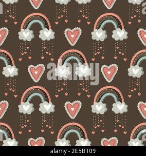 Verziert niedlichen Boho Regenbogen nahtlose Muster mit Herzen und Wolke auf dunkel. Niedliche Illustrationen für Kinder. Kinderzimmer Baby abstrakte Kunst mit Liebe kindische Elemente. Cartoon-Druck. Stock Vektor