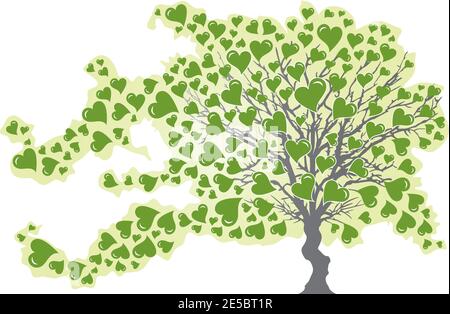 Baum im Wind mit fallenden grünen Herzen Stock Vektor