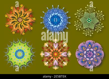 Set von 6 Mandalas - Blumen, Natur und Energie - Bunte Ikonen Stock Vektor