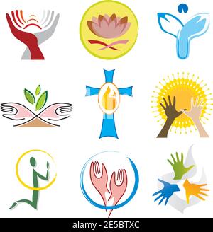 Set von neun Spiritualität, Religion Ikonen Stock Vektor