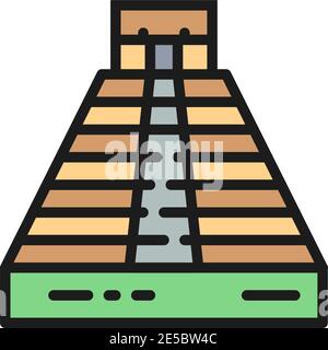 Chichen Itza, Pyramide von Kukulkan, Tulum, Teotihuacan flache Farblinie Symbol. Stock Vektor