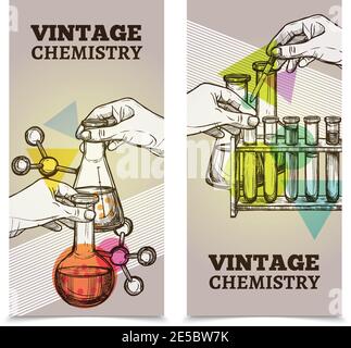 Chemie Labor Forschung Reagenzgläser und Retorts 2 Vintage-Stil Vertikale Banner setzen abstrakte isolierte Vektor-Illustration Stock Vektor