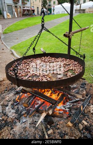 Kastanien rösten auf dem Brazier während des Herbstfestes in Abbadia San Salvatore, Toskana, Italien Stockfoto