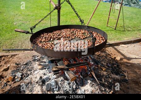 Kastanien rösten auf dem Brazier während des Herbstfestes in Abbadia San Salvatore, Toskana, Italien Stockfoto