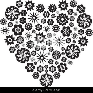 Herz aus Blumen in Schwarz und Weiß Stock Vektor