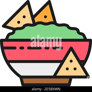 Nachos, mexikanisches Fast Food, Guacamole, Chili-Gericht flache Farblinie Symbol. Stock Vektor
