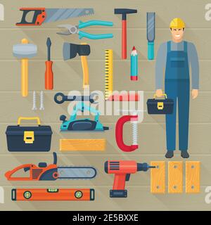 Flache Farbe Schatten Symbole Set mit Schreinerei Werkzeuge Kit für Holzarbeiten isoliert Vektor-Illustration Stock Vektor
