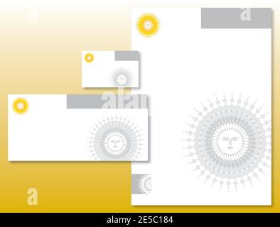 Corporate Identity Set - Briefkopf, Visitenkarte, helle Sonnenform in gelben Farben Stock Vektor