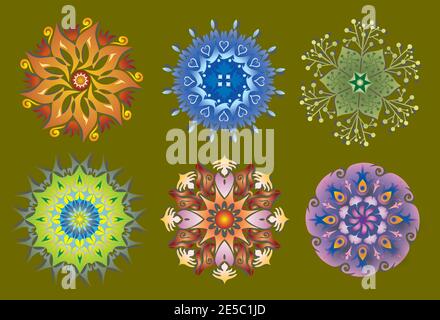 Set von 6 Mandalas - Blumen, Natur und Energie - Bunte Ikonen Stock Vektor