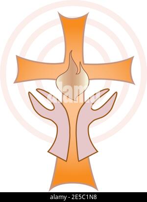 Hände, Kreuz und Flamme - Symbol der Spiritualität Stock Vektor