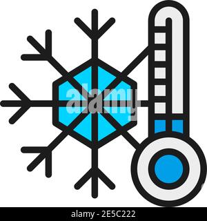 Schneeflocke mit Thermometer, niedrige Temperatur, Frost flache Farblinie Symbol. Stock Vektor