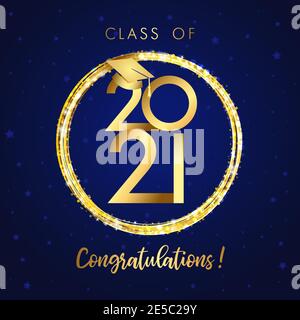 Klasse der 2021-jährigen Graduierung Banner, Auszeichnungen Konzept. Glänzendes Schild, Happy Holiday Einladungskarte, goldener Kreis. Isolierte abstrakte Grafik Design templ Stock Vektor
